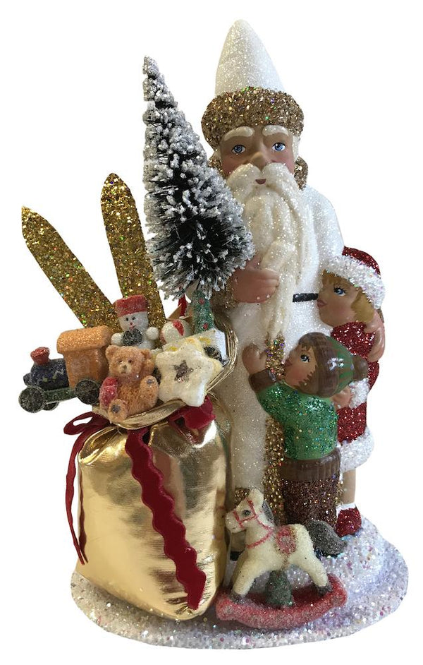 Santa in White Coat with Two Children, Papier Mache Candy Container by Ino Schaller
