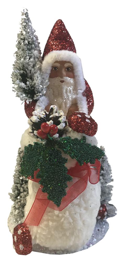 Santa in Red Glittered Coat with Soft Bag, Paper Mache Candy Container by Ino Schaller