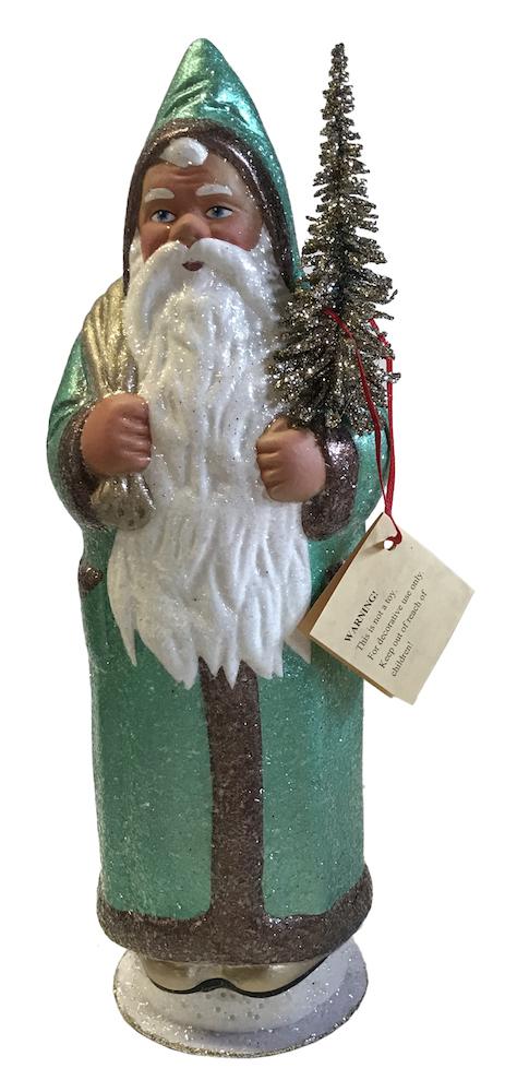 Santa in Petrol Green Coat, Papier Mache Candy Container by Ino Schaller