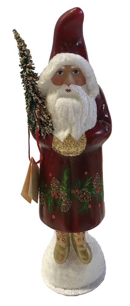 Santa in Red Coat with Pinecone Decor, Papier Mache Candy Container by Ino Schaller