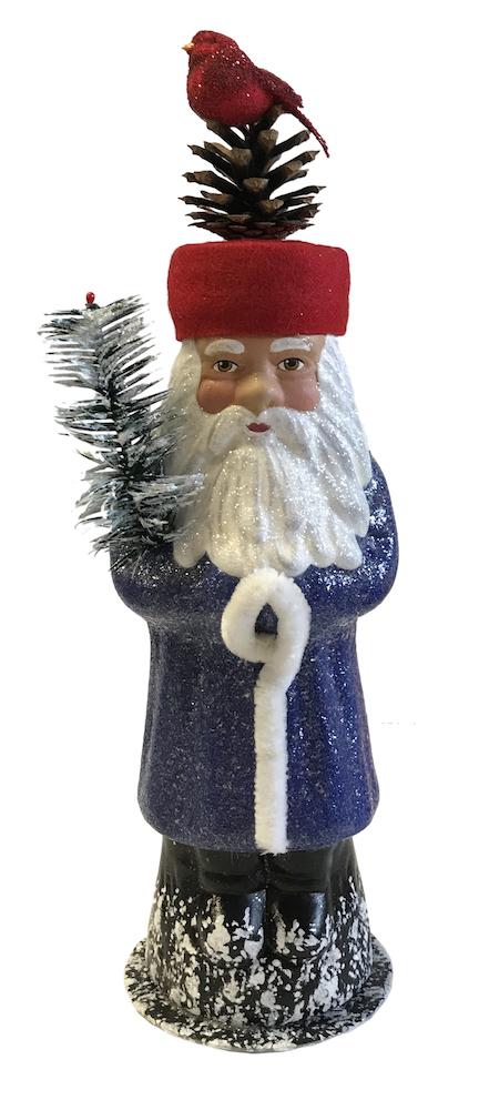 Santa in Russian Hat, Papier Mache Candy Container, blue with pinecone and bird decor by Ino Schaller
