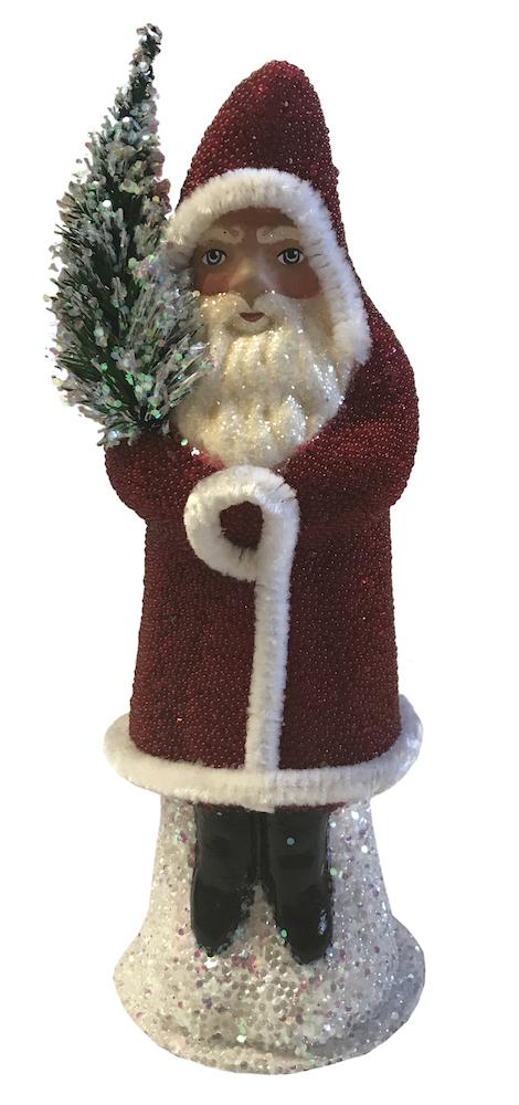 Shiny Red Beaded Santa, Papier Mache Candy Container by Ino Schaller