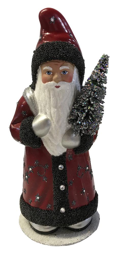 Red Faded Santa with Swarovski Crystal, Papier Mache Candy Container by Ino Schaller