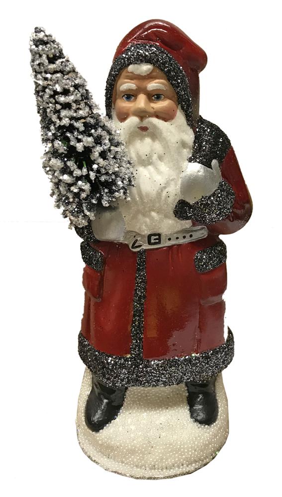 Red Santa with Black Glitter Trim, Papier Mache Candy Container by Ino Schaller