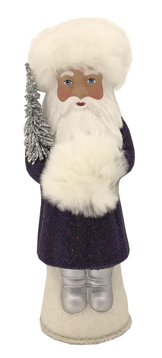 Santa in Russian Hat, Papier Mache Candy Container, purple beaded with fur hat by Ino Schaller