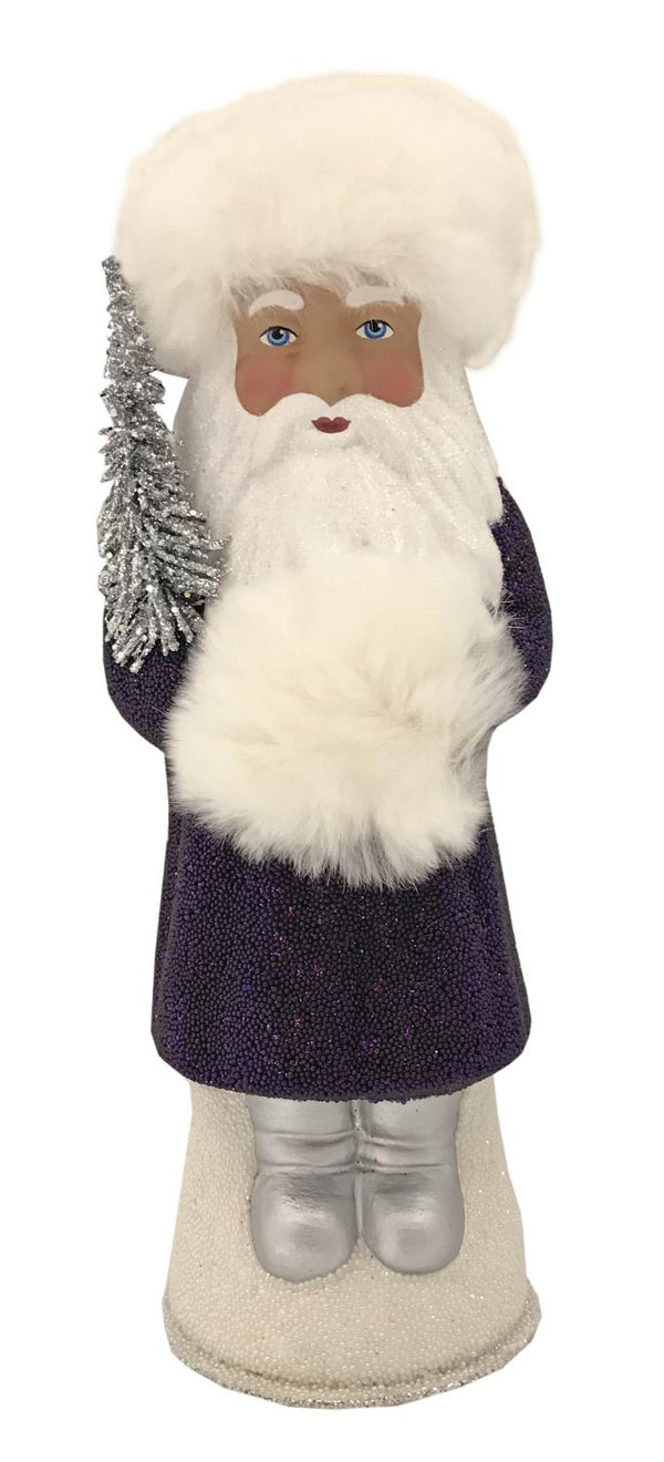 Santa in Russian Hat, Papier Mache Candy Container, purple beaded with fur hat by Ino Schaller