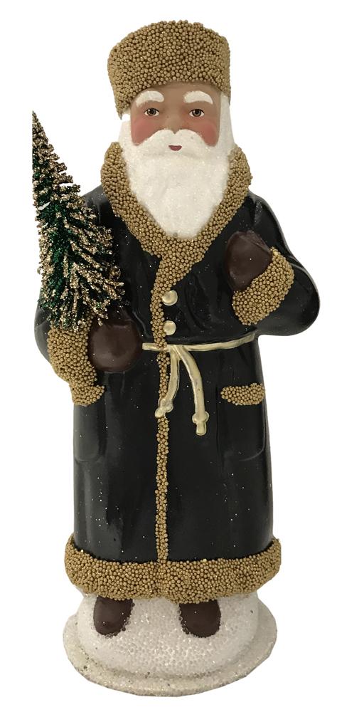 Santa in Russian Hat, Papier Mache Candy Container, black with gold beaded trim by Ino Schaller