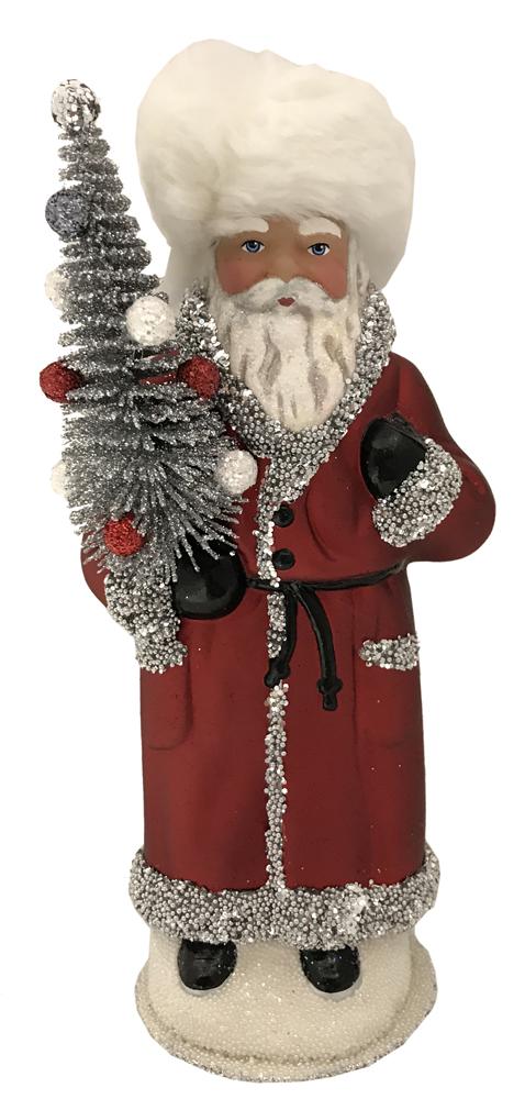 Santa in Russian Hat, Papier Mache Candy Container, matte burgandy with silver beaded trim by Ino Schaller