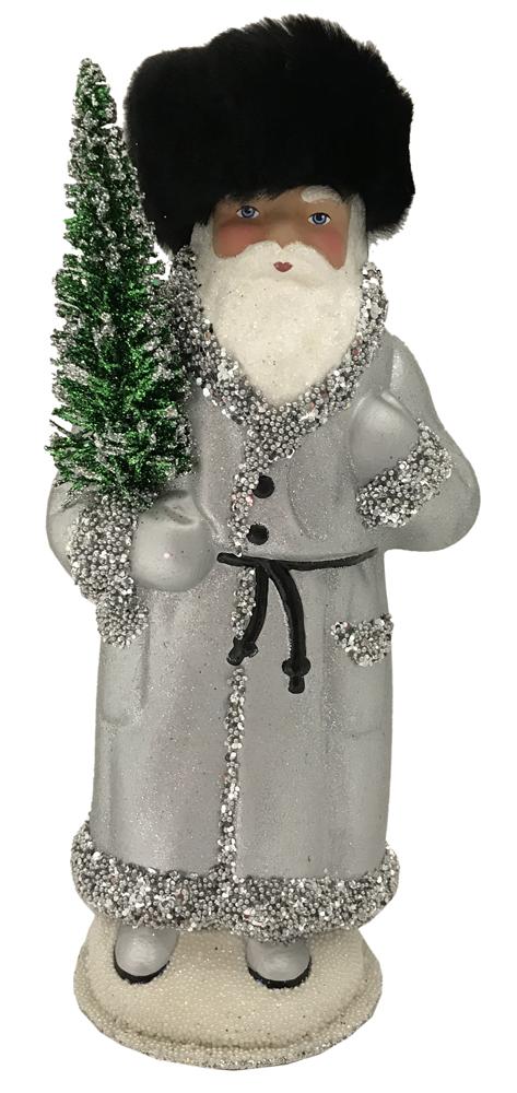Santa in Russian Hat, Papier Mache Candy Container, silver with silver beaded trim by Ino Schaller