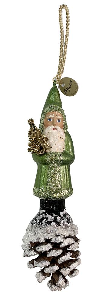 Santa on Pinecone, Paper Mache Ornament, light green with gold glitter, by Ino Schaller