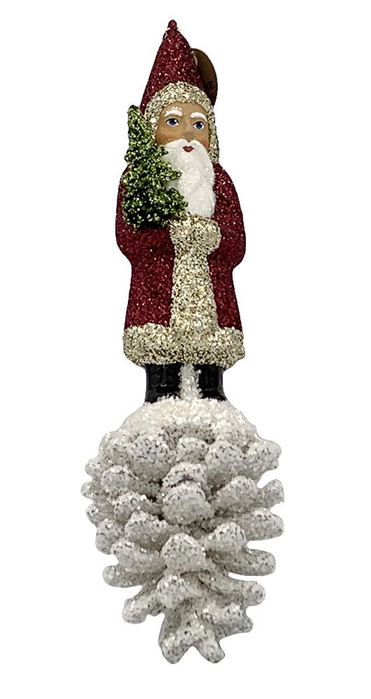 Santa on Pinecone, Papier Mache Ornament, burgundy and gold glitter by Ino Schaller