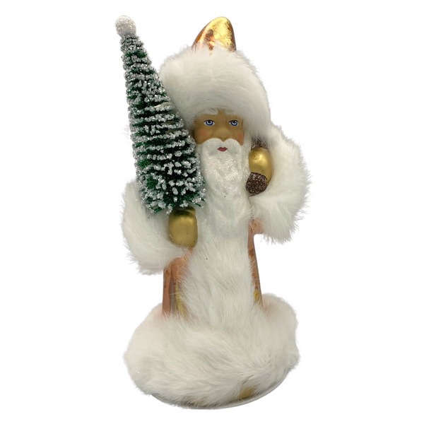 Santa with Bottle Brush Tree, Papier Mache Candy Container, 24 karat rose gold with white fur trim by Ino Schaller