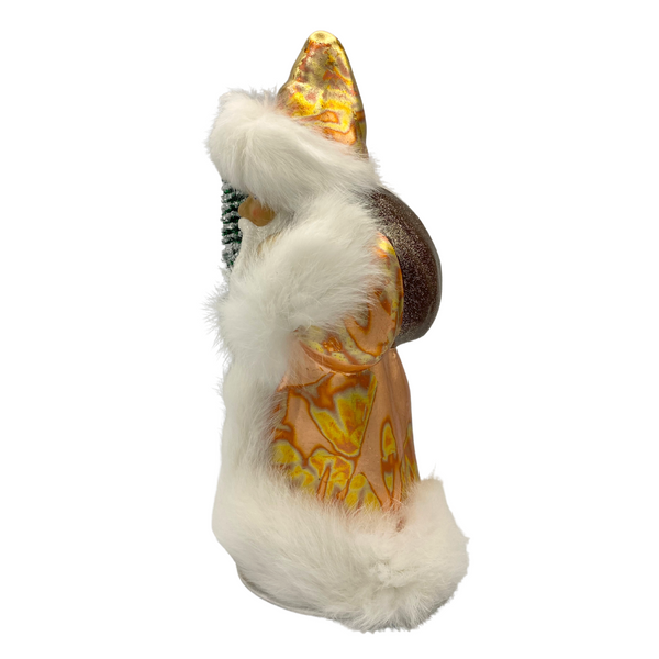 Santa with Bottle Brush Tree, Papier Mache Candy Container, 24 karat rose gold with white fur trim by Ino Schaller