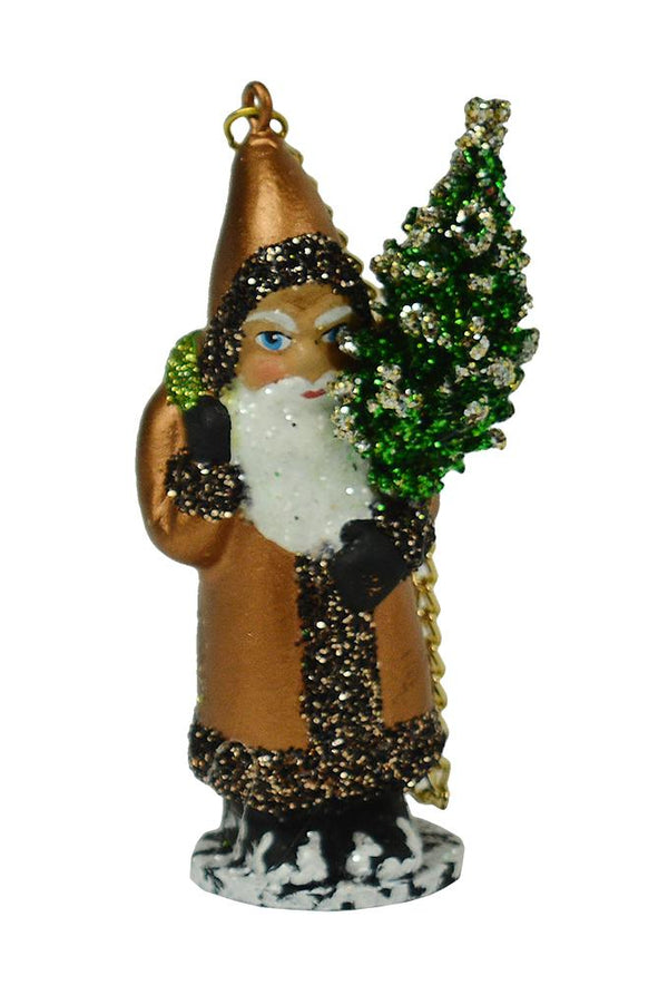 Santa with Tree, Papier Mache Ornament, copper with glitter trim by Ino Schaller