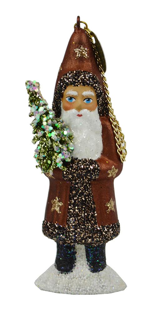 Santa with Tree, Papier Mache Ornament, copper with gold stars and glitter trim by Ino Schaller