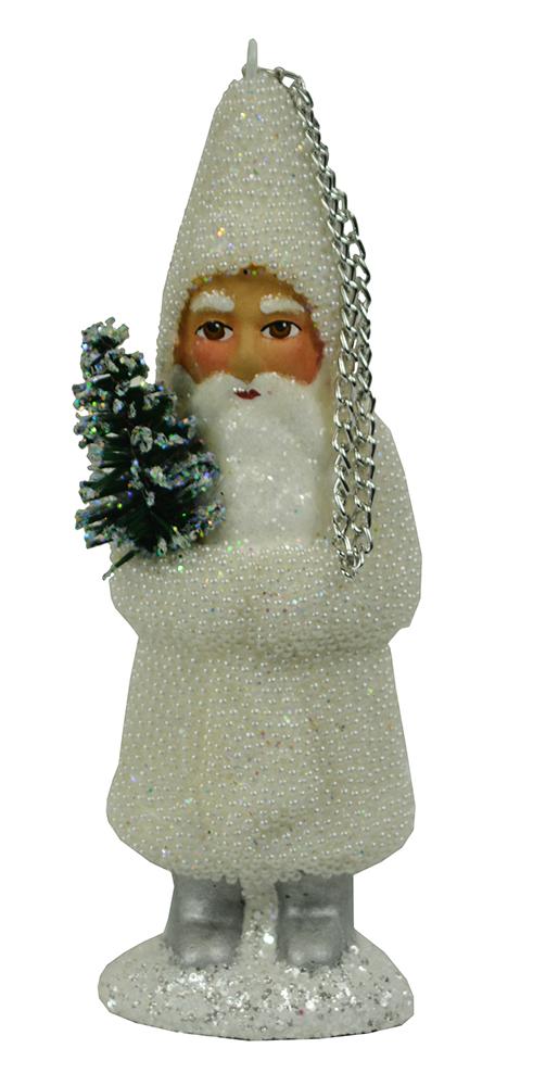 Santa with Tree, Papier Mache Ornament, white beaded by Ino Schaller