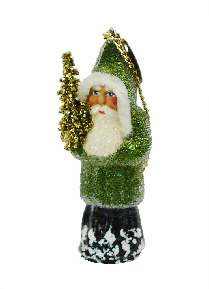 Santa with Tree, Papier Mache Ornament, frosted lime green with chenille trim by Ino Schaller