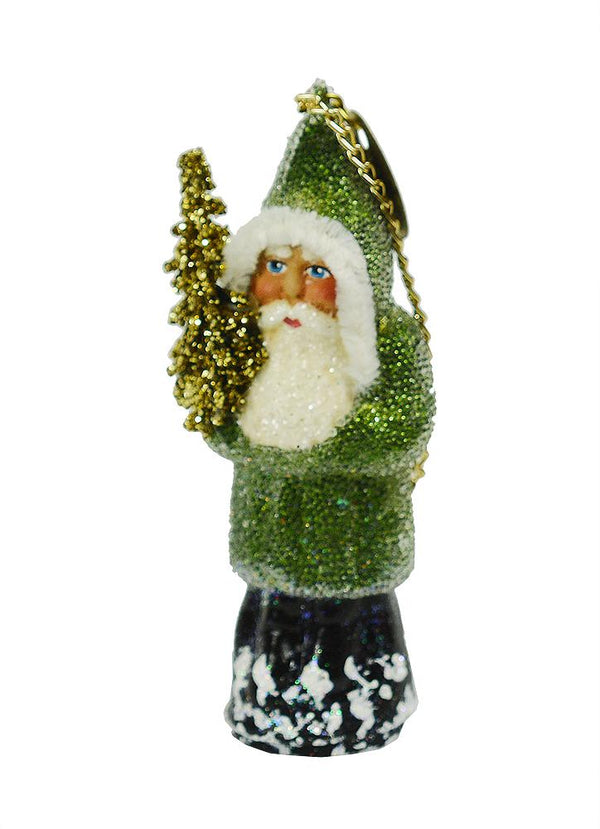 Santa with Tree, Papier Mache Ornament, frosted lime green with chenille trim by Ino Schaller