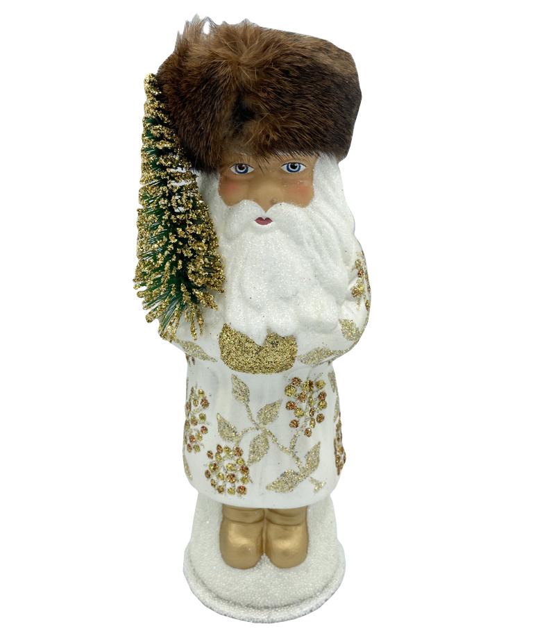 Santa in Russian Hat, Papier Mache Candy Container, ivory with gold berry decor by Ino Schaller