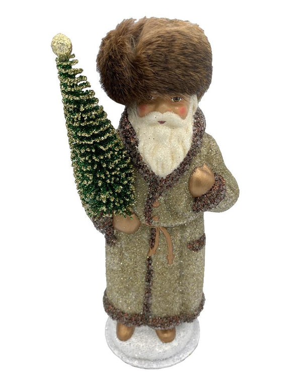 Santa in Russian Hat, Papier Mache Candy Container, gold and brown glitter by Ino Schaller