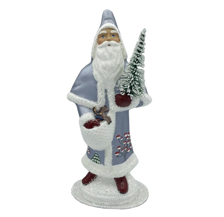 Santa in Cloak, Papier Mache Candy Container, ice blue with white trim by Ino Schaller