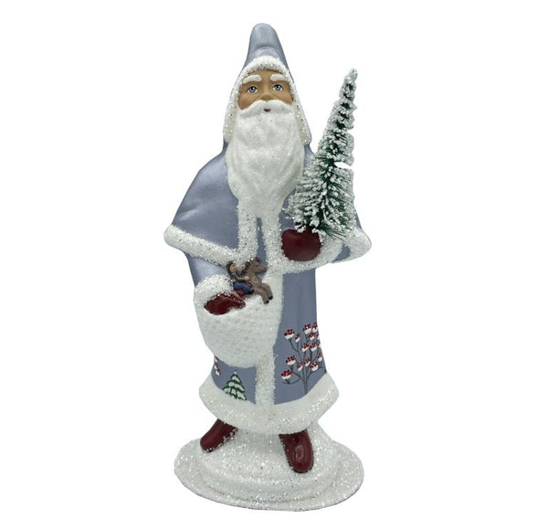 Santa in Cloak, Papier Mache Candy Container, ice blue with white trim by Ino Schaller