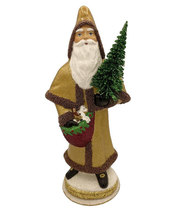 Santa in Cloak, Papier Mache Candy Container, gold with strawberry basket by Ino Schaller