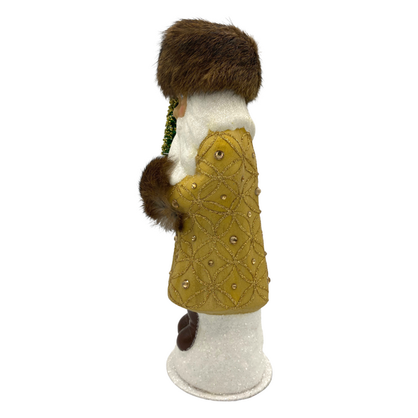 Santa in Russian Hat, Papier Mache Candy Container, gold with gems, brown fur hat and muff by Ino Schaller