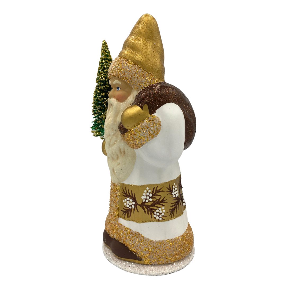 Santa Candy Container, White Coat with Gold Pinecone Banner by Ino Schaller