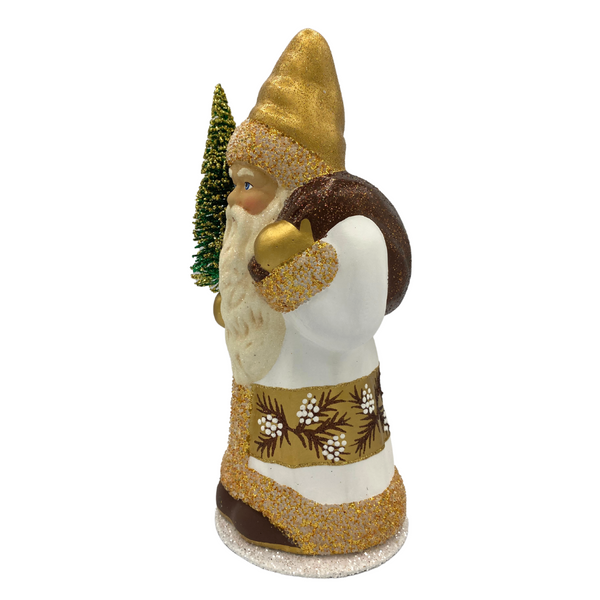 Santa Candy Container, White Coat with Gold Pinecone Banner by Ino Schaller