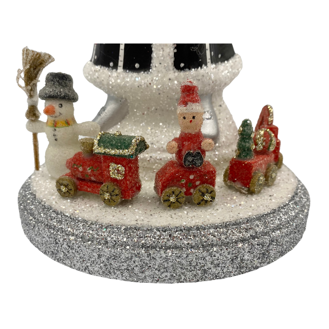 Santa in Cloak, Papier Mache Figure, black with white trim by Ino Schaller