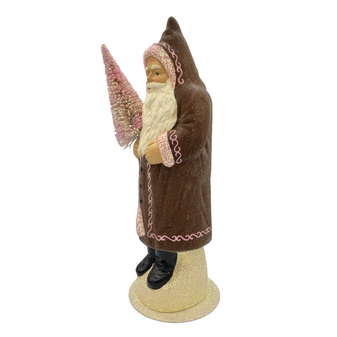 Santa Candy Container, Beaded Brown Coat with Sugar Rose Decoration by Ino Schaller