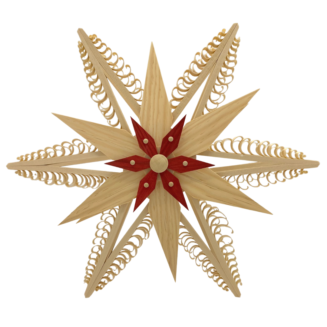 Illuminated Hanging Star, double, 32 cm with natural wood star center by Martina Rudolph