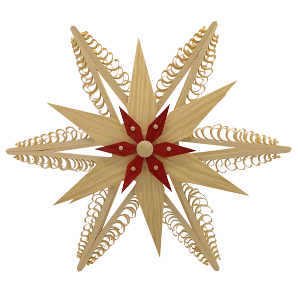 Illuminated Hanging Star, double, 32 cm with natural wood star center by Martina Rudolph