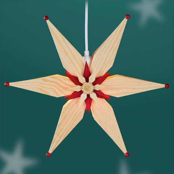 Illuminated Hanging Star, double, 34cm, natural tips and center star by Martina Rudolph