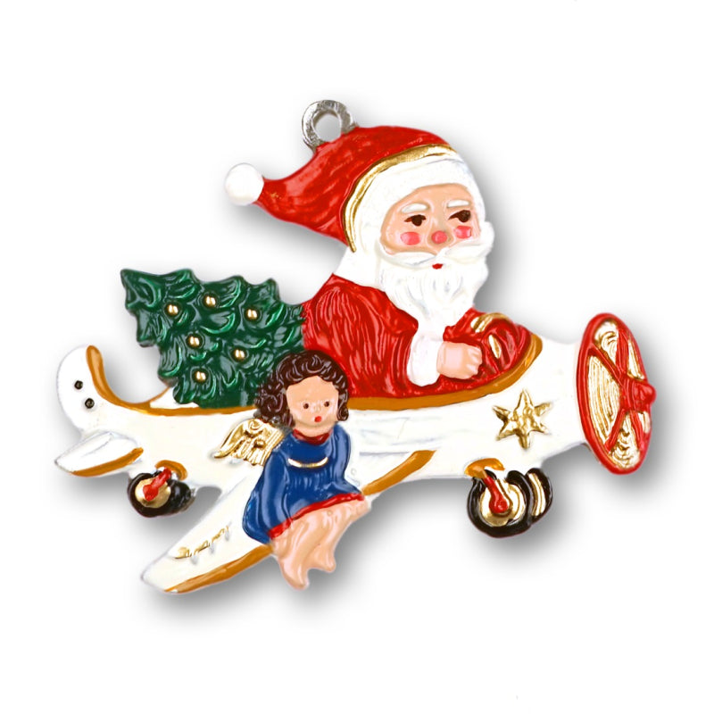 Santa in an Airplane Pewter Ornament by Kuehn Pewter