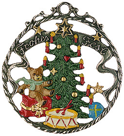 Frohe Fest Tree with Toys Pewter Ornament by Kuehn Pewter