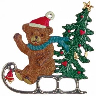 Teddy Bear on Sleigh Pewter Ornament by Kuehn Pewter