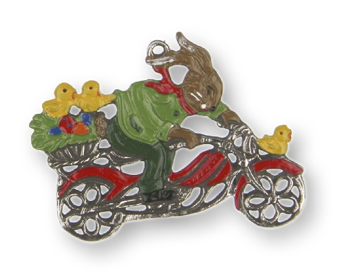Rabbit on Motorbike, Painted on Both Sides Pewter Ornament by Kuehn Pewter