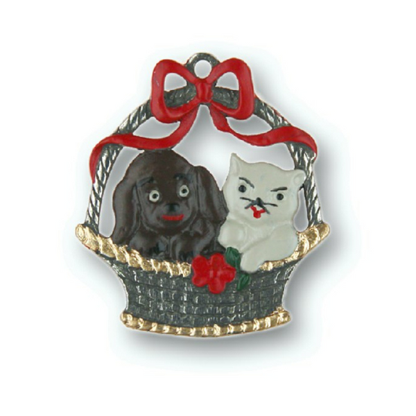 Dog and Cat in Basket Ornament by Kuehn Pewter