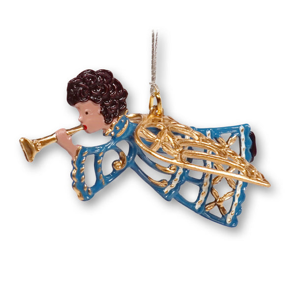 Angel in Blue with Horn 3D Pewter Ornament by Kuehn