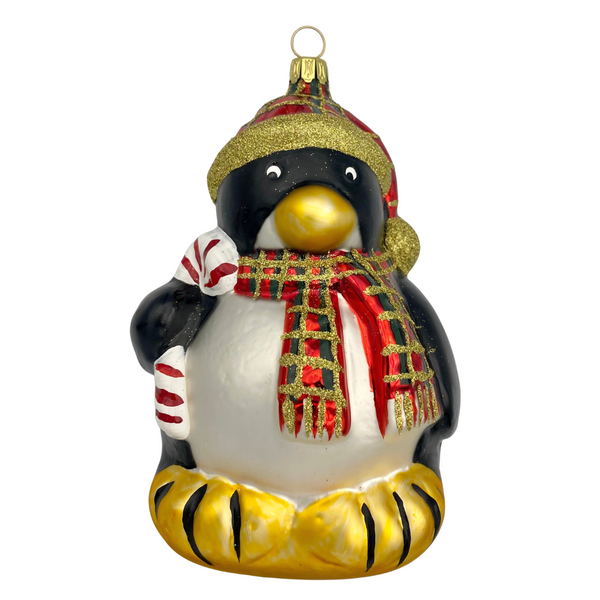 Penguin with Candy Cane, plaid scarf by Old German Christmas