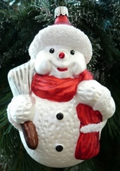 Snowman with Broom, satin red scarf by Old German Christmas