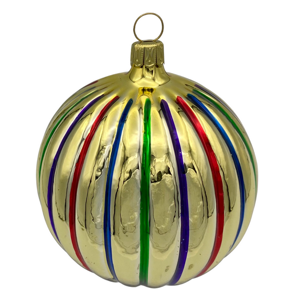 Ball with grooves, gold with multi color stripes, 4" by Old German Christmas