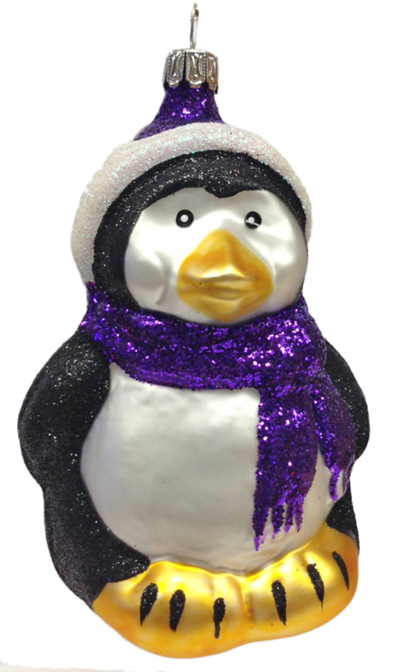 Penguin, black glitter with purple glitter scarf by Old German Christmas