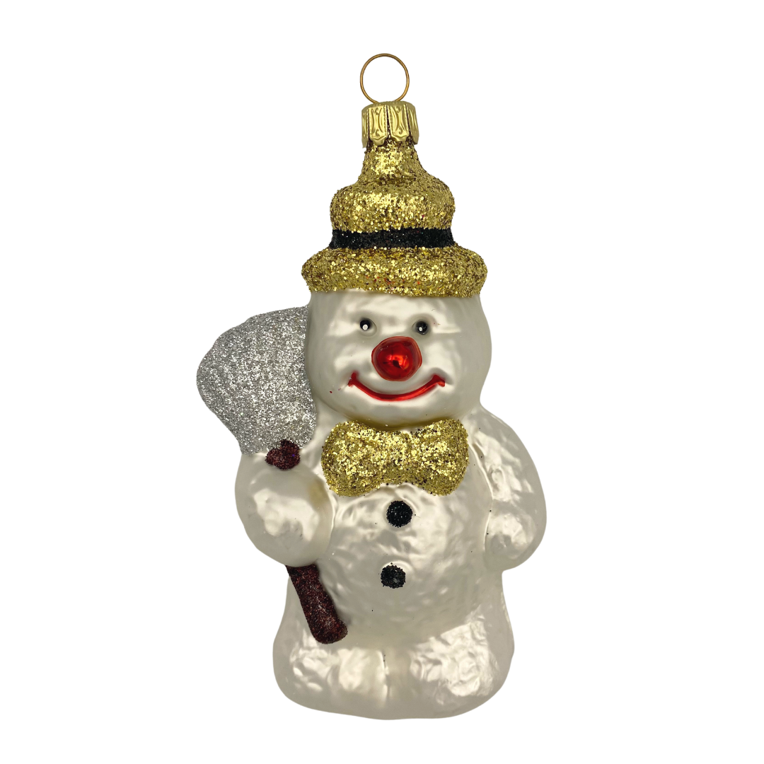 Snowman with broom, gold glitter by Old German Christmas