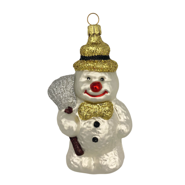 Snowman with broom, gold glitter by Old German Christmas