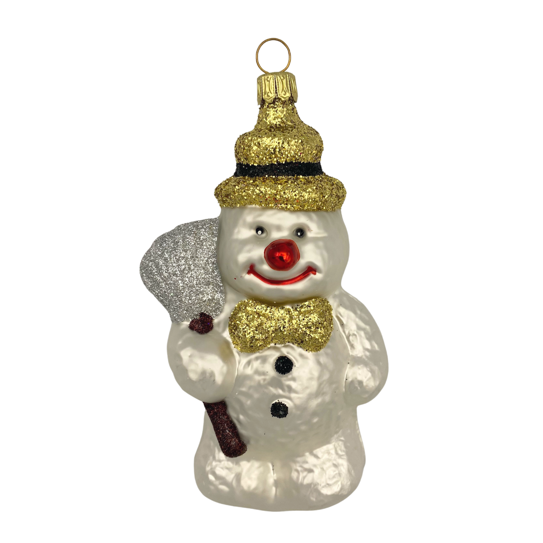 Snowman with Broom and Gold Glitter Bowtie by Old German Christmas