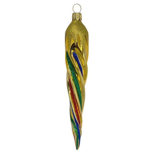 Icicle 20cm, gold with colored glitter stripes by Old German Christmas