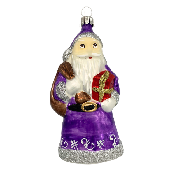 Santa with present and sack, purple by Old German Christmas